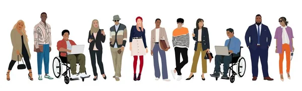 ビジネスマン 起業家 オフィスワーカーの多様なグループは スマートカジュアル服を着て立っている 多国籍および多人種のビジネスチーム フラット漫画ベクトル現実的なイラスト — ストックベクタ