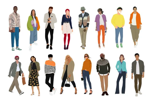 Straßenmodevektorillustration Kollektion Stilvoller Junger Frauen Und Männer Trendiger Kleidung Set — Stockvektor