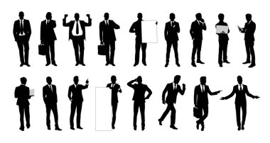 İş adamlarının vektör siluetleri, farklı pozlarda yürüyen ve ayakta duran bir grup iş adamı, beyaz arka planda izole edilmiş siyah renk..