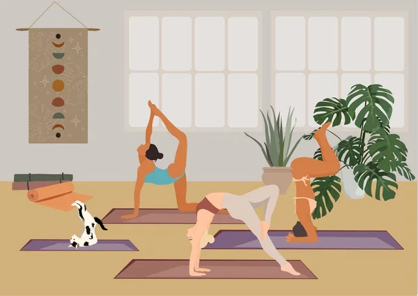 Bir Grup Sportif Kız Birlikte Egzersiz Yapıyor Yoga Dersinde Asya — Stok Vektör