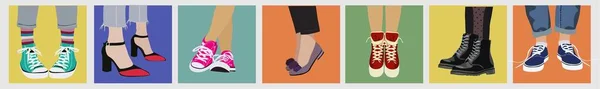 Σύνολο Διαφορετικών Γυναικεία Πόδια Φορώντας Μοντέρνα Παπούτσια Και Μπότες Χρωματιστά — Διανυσματικό Αρχείο