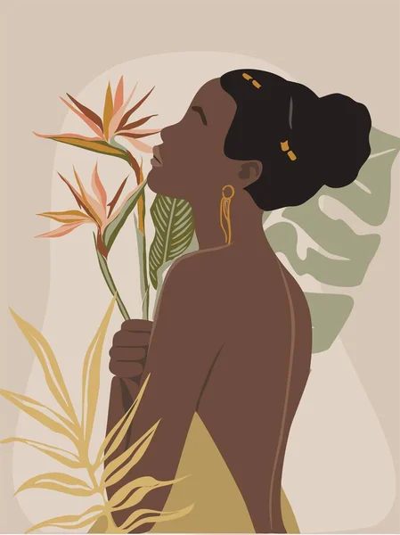 Retrato Abstracto Mujeres Hermosas Chicas Con Flor Pájaro Del Paraíso — Vector de stock