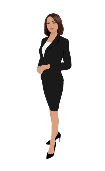 オフィスの正式な衣装に身を包んだ美しいビジネス女性 スカートとハイヒールのダークスーツ 魅力的な女性漫画のキャラクター 白い背景に切り取られたベクトル現実的なイラスト — ストックベクタ