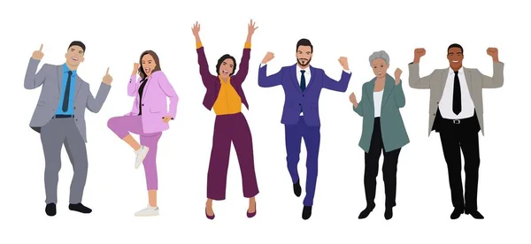 Happy Men Women Formal Office Suits Celebrating Victory Arms Business — Stockvector