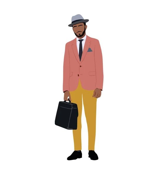 Stylowy Mężczyzna Modnym Kolorze Stylu Vintage Garnitur Kapelusz Trzymając Teczkę — Wektor stockowy