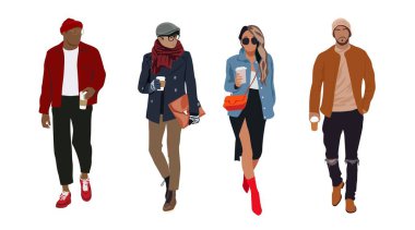 Sokak modasına uygun, elinde kahve olan bir grup farklı insan. Genç erkekler ve kadınlar şık kıyafetler giyerek dışarı çıkıyorlar. Kadın ve erkek karakterler vektör gerçekçi illüstrasyon izole.