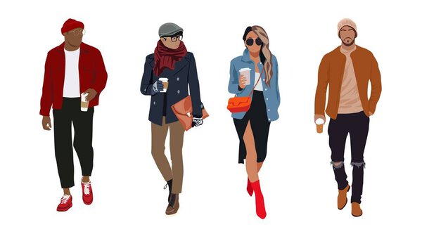 Set of different people in street fashion outfit with cup of coffee. Young men and woman walking outside wearing fashionable clothes. Female and male characters vector realistic illustration isolated.