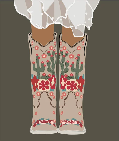 Bottes Cowgirl Avec Des Symboles Texas Traditionnels Cactus Fleurs Rouges — Image vectorielle