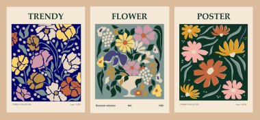 Set of abstract flower posters. Trendy botanical wall arts with floral design in earth tone colors. Modern naive groovy funky interior decorations, paintings. Vector art illustration.