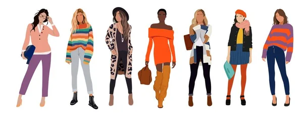 Kollektion Stilvoller Junger Frauen Trendiger Kleidung Set Von Modischen Lässigen — Stockvektor