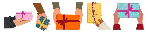 Différentes Mains Féminines Masculines Tenant Des Coffrets Cadeaux Cadeaux Noël — Image vectorielle