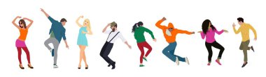 Kulüpte ya da müzik konserinde modaya uygun giyinmiş dans eden bir grup genç kadın ve erkek. Dans partisinde eğlenen erkek ve kadın çizgi film karakterleri koleksiyonu. Düz renkli vektör çizimi.