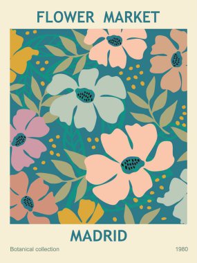 Abstract poster - Flower market Madrid print. Trendy botanical wall art with floral design in danish pastel colors. Modern naive groovy funky interior decoration, painting. Vector art illustration. clipart