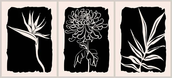 植物壁アートベクトルセット 北欧線画 楽園の鳥 ヤシの葉 カバー 壁紙のための抽象的なデザイン 最小限のモノクロベージュとブラックベクトルイラスト — ストックベクタ