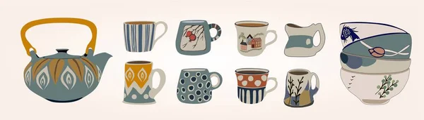 收藏现代陶瓷厨房用具或陶器 一套装饰餐具 在白色背景上隔离 平面卡通风格的矢量插图 — 图库矢量图片