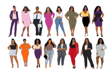 Modern siyahi kadınlar seti. Moda ve ofis kıyafetleri içinde duran Afrikalı Amerikalı kızlar. Moda giysiler içinde şık, mutlu genç karakterler. Düz vektör gerçekçi çizimler izole edildi.