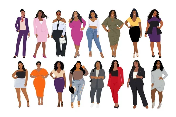 Conjunto Mujeres Negras Modernas Niñas Afroamericanas Pie Trajes Moda Casual — Vector de stock