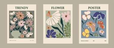 Set of different flower posters. Modern style, trendy pastel colors. Abstract daisy, poppy, marigold flowers. Vector colorful illustrations, perfect for wall art, cards, covers etc. clipart
