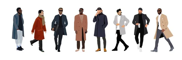Set Elegant Businessmen Wearing Stylish Coats Standing Walking Collection Handsome — Stock Vector