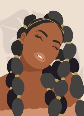 Soyut kadın portresi. Saçları afro saçlı güzel bir kız. Tarafsız arkaplanda izole edilmiş moda vektör illüstrasyon bohem tarzı. Yazdırılabilir duvar resimleri, kartlar, posterler, afişler, kapaklar için şablonlar