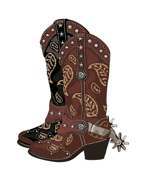 Botas Vaquero Con Espuelas Botas Tradicionales Cuero Marrón Bordado Vintage — Vector de stock