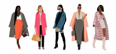 Moda kadın seti moda kıyafet vektör karikatür çizimi. Klas renkli sokak stili koleksiyonu yalnız bir kadından daha fazla. Moda kızı kışı, ilkbaharı ve sonbaharı gösterir.