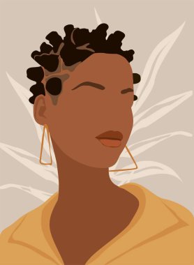 Soyut kadın portresi. Afro saçlı güzel bir kız. Tarafsız arkaplanda izole edilmiş moda vektör illüstrasyon çizgi film stili. Kartlar, posterler, afişler, tişört baskıları için şablonlar
