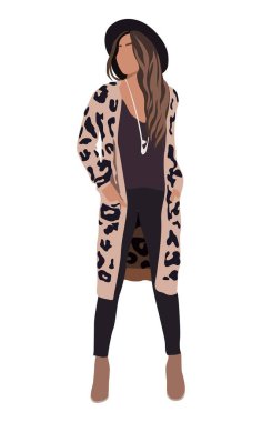 Sıradan giyinen güzel bir kız. Şapka ve hayvan desenli hırka. Sokak modası kıyafeti giyen güzel bir kadın. Modern moda görünüş. Yüksek kaliteli el çizimi gerçekçi çizim izole edildi.