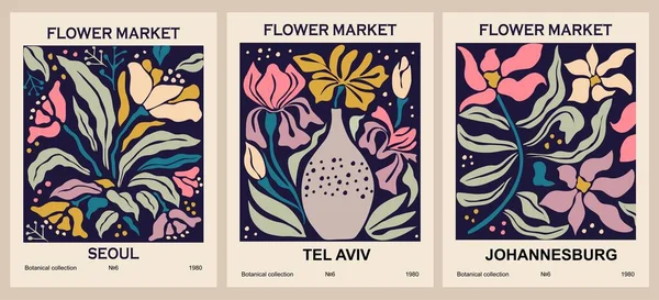 Set Abstrakter Blumen Poster Trendige Botanische Wandkunst Mit Floralem Design — Stockvektor