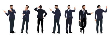Farklı pozlarda bir dizi iş adamı karakteri. Resmi takım elbiseli, önde, arkada ve yandan görünüşlü sakallı yakışıklı bir adam. Beyaz arkaplanda izole edilmiş vektör gerçekçi illüstrasyon.