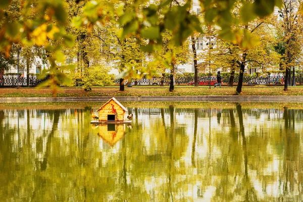 Saison d'automne en ville, arbres jaunis, chute de feuilles, étang calme, petite maison en bois pour oiseaux — Photo