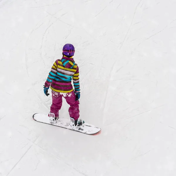 Pemandangan belakang Snowboarder di ski slope dengan jaket cerah. Kegiatan liburan musim dingin, olahraga dan kegiatan luar ruangan — Stok Foto