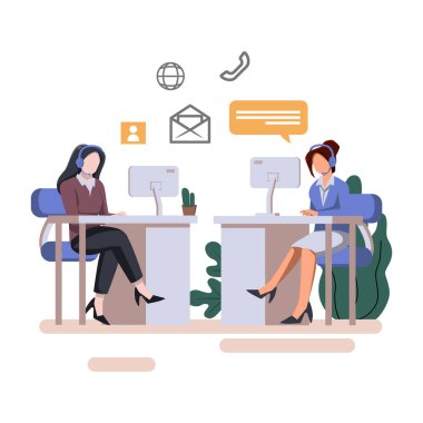 Yardım hattı operatörleri, bilgisayar düz stil illüstrasyonunda kulaklık takan müşterilere danışıyor 