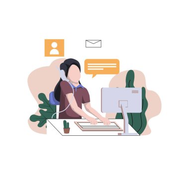 Çalışan ve bir telefon vektörü düz çizim tasarımı alan kadın