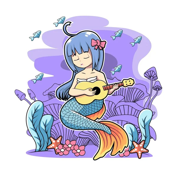 Mořská Panna Hrát Gitar Verctor Ilustrace Kreslený Design — Stockový vektor