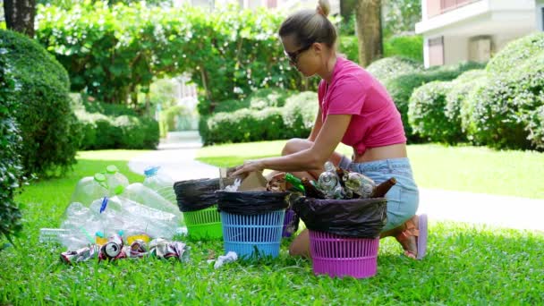 Young Woman Sorting Garbage Yard House — Αρχείο Βίντεο