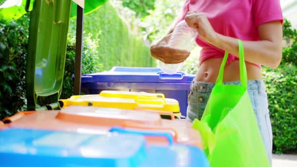 Young Woman Sorting Garbage Yard House — Vídeos de Stock