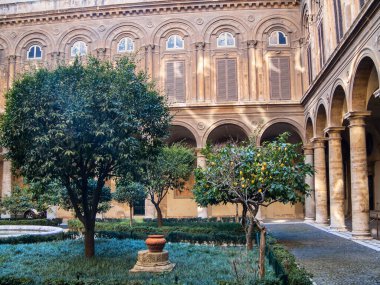 ROMA, İtalya - 24 Şubat 2012 Via del Corso 'daki Palazzo Doria Pamphili' nin bahçesinde verimli ağaçlar. Giriş halka açık.