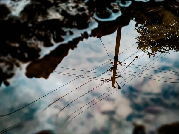 Çoklu Bağlantılı Elektrik Hattı Bir Su birikintisinin Yansımasından Alındı.