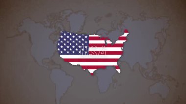 Birleşik Devletler bayrağı rüzgarda sallanıyor ve Amerika Birleşik Devletleri bayrak deseninde bir ülke haritası var. Görüntülerin birleşik bir bahçesi..