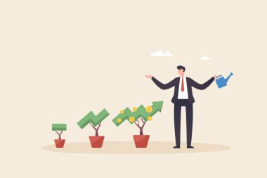 Make profit in stock market or earning growth. businessman investor watering small plant