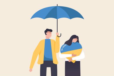 Young people protect Ukraine by using umbrellas. Heart with the colors of the flag of Ukraine. Stay with Ukraine concept.