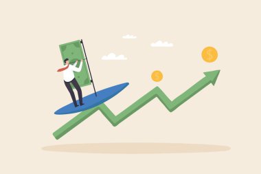Success wave surf in business peak with ongoing money profit. 