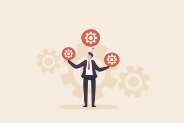 Business, work, success, idea, achievement, analysis concept. businessman clerk manager holding technology gear in hands.