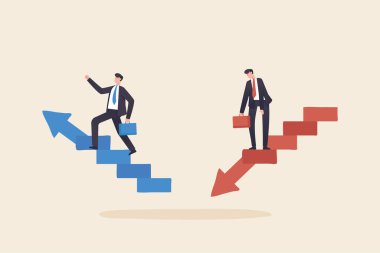 Ladder to success, Progress and regress in business concept. Young sad businessman and happy businessman.