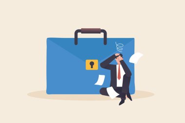 Stress from work. Discharge from failure, burnout from tiring work, mental breakdown. A businessman sits depressed next to his briefcase.