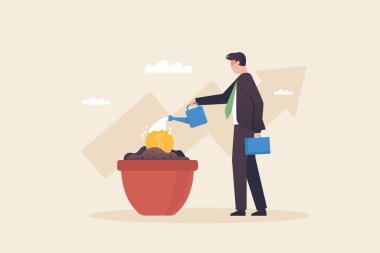 Start investing. Invest in the stock market or wait for profits. Investing in job duties. Dollar seedling being watered by businessman