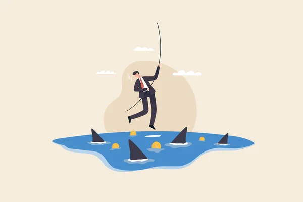 Businessman Hangs Dear Life Rope Swings Group Circling Sharks Ocean — Stockfoto