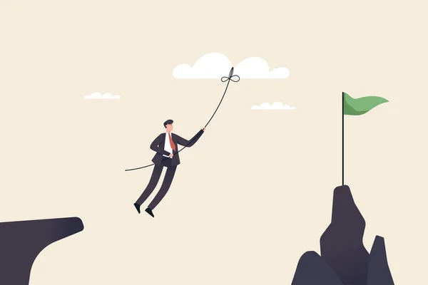 Business goal achievement, success career development or motivation and work or project accomplishment concept. A businessman jumps to the top of the mountain using a rope to reach the flag.