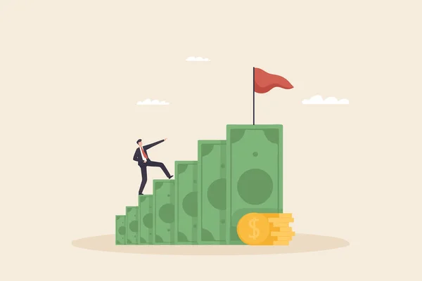 Businessman Walking Money Ladder Begin Savings Achieve Financial Goal Power — Stockfoto